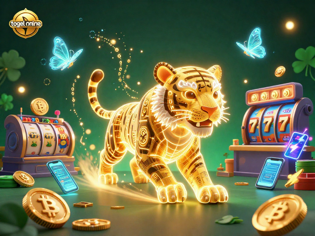 Togel online gaming scene with a neon tiger amidst slot reels, jackpot counters, and vibrant crypto elements.