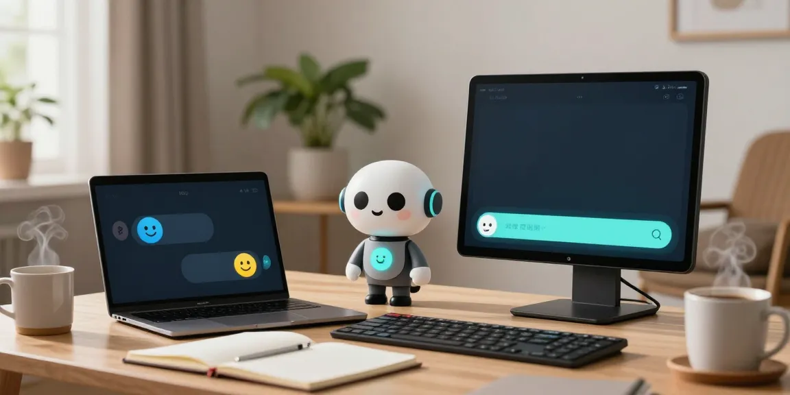 Engaging scene of spicy AI chat between friendly chatbots in a cozy home office setting.