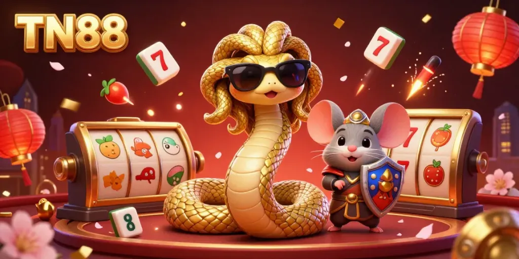 Celebrate with TN88 in a vibrant casino scene featuring Medusa and a warrior mouse surrounded by slots and festive elements.