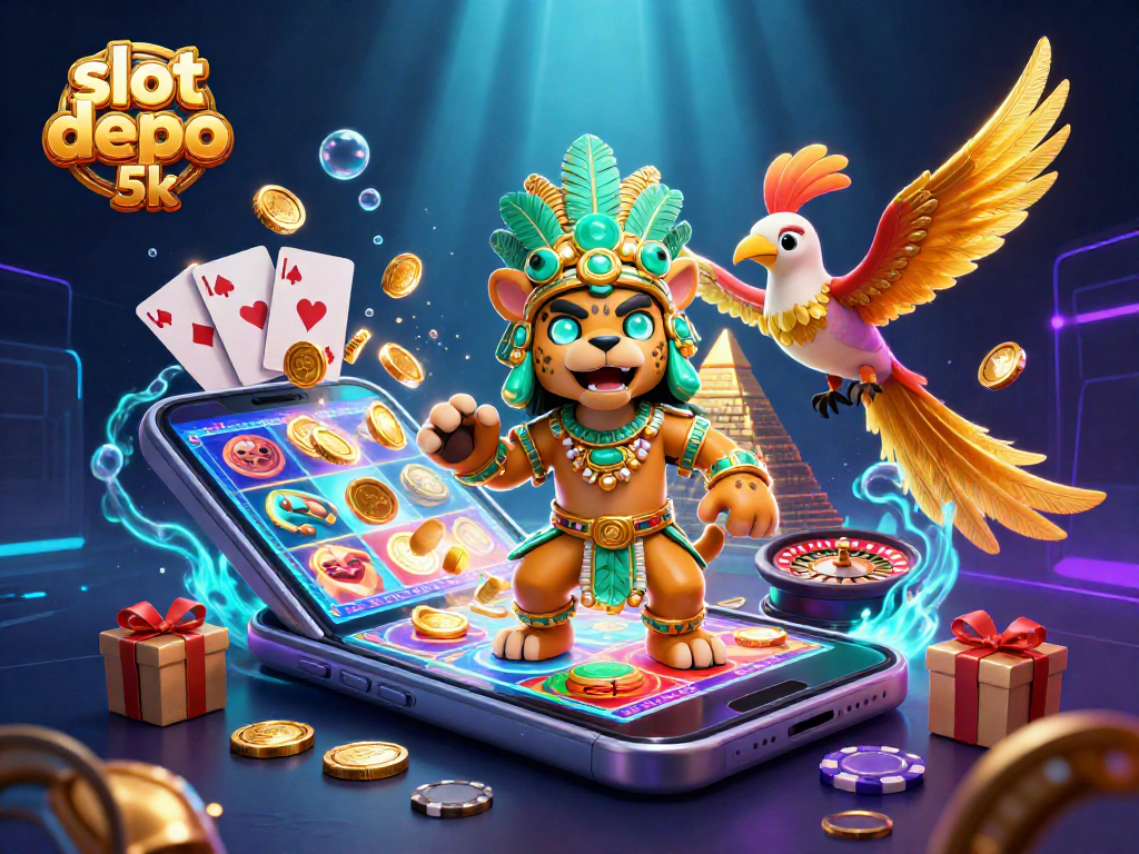 Spin the reels with slot depo 5k in this vibrant, action-packed 3D casino scene