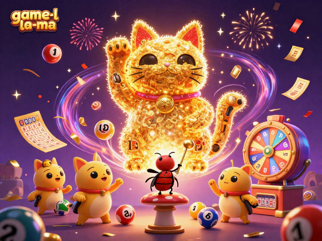 Win big with game-la-ma as a golden lucky cat ushers in vibrant casino excitement.