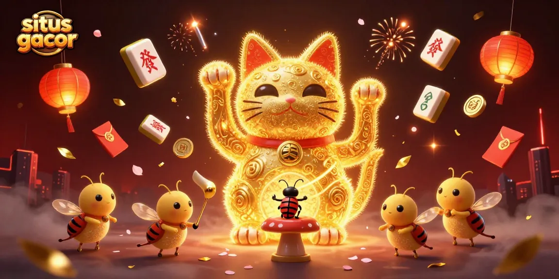 Experience excitement with situs gacor as golden fireflies form a lucky cat amidst vibrant casino elements.