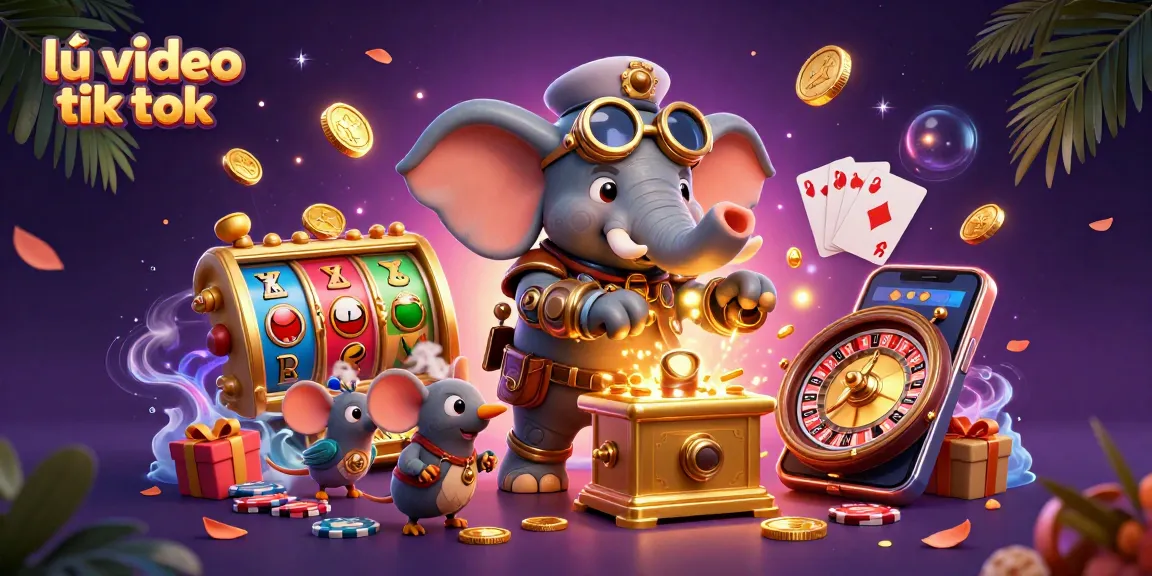 Experience the thrill as you lưu video tik tok with a steampunk elephant spinning a golden slot machine amidst vibrant casino elements.