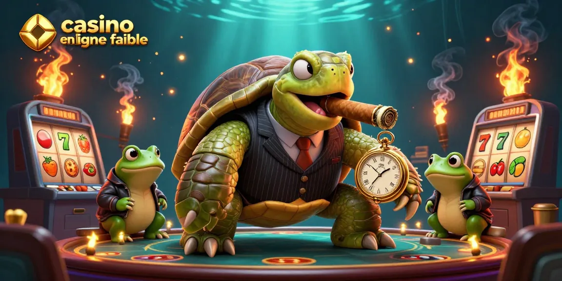 Une scène de casino en ligne fiable avec une tortue massive en costume et ses gardes, entourée de machines à sous et d'éléments brillants.
