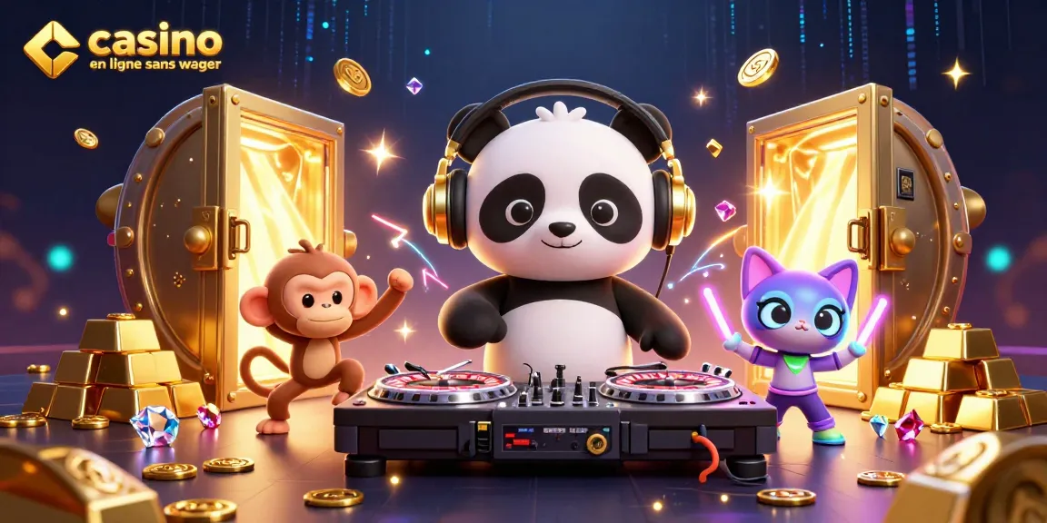 Illustration dynamique de casino en ligne sans wager montrant un DJ panda, un singe, et un chat en rave.