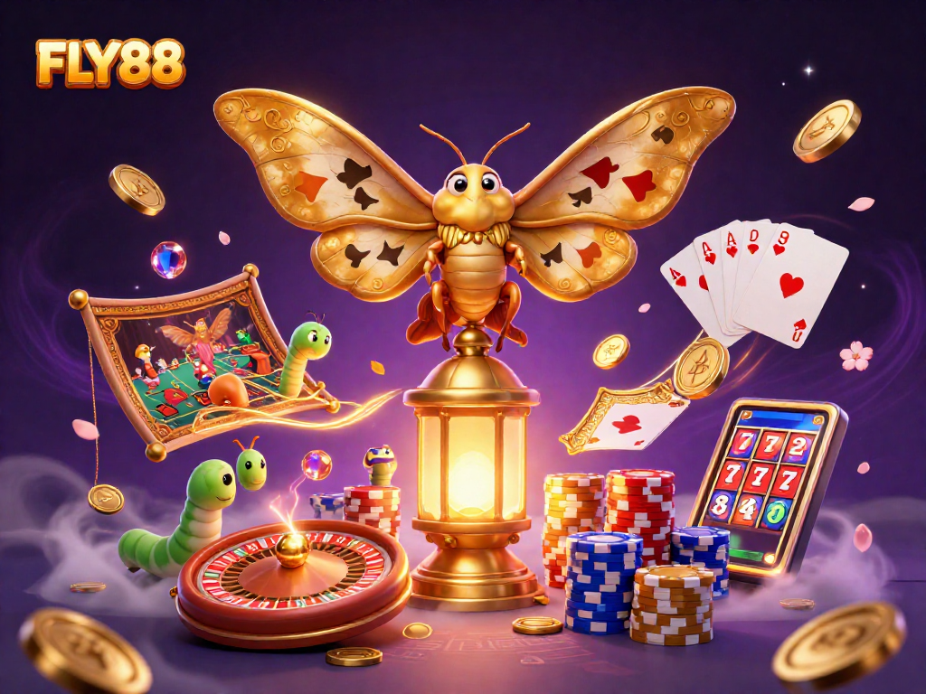 FLY88's stunning casino scene, featuring a majestic atlas moth and vibrant gold elements, evokes thrilling gameplay.
