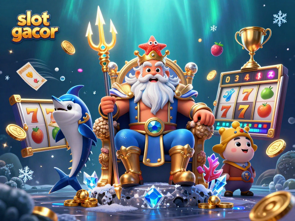 Experience the excitement of slot gacor with a vibrant underwater casino scene featuring Neptune.
