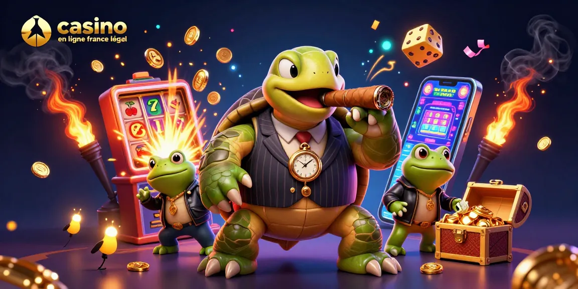 Illustration dynamique sur le thème du casino en ligne France légal, mettant en scène une tortue et des grenouilles entourées d'éléments de jeu.