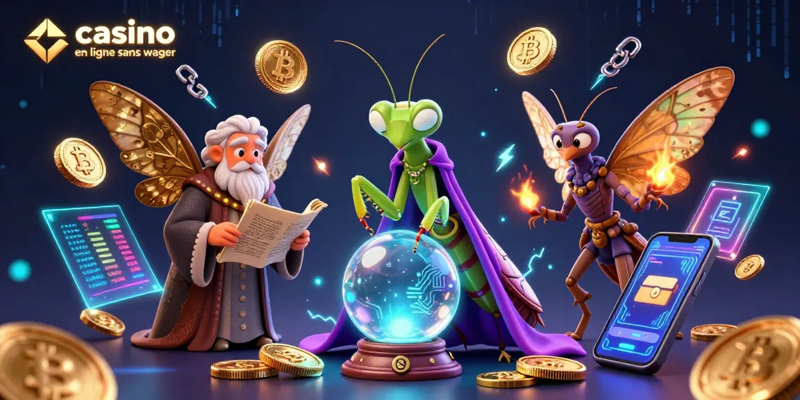 Jouer au casino en ligne sans wager avec des personnages mystiques et des éléments de crypto-monnaie lumineux entourés.
