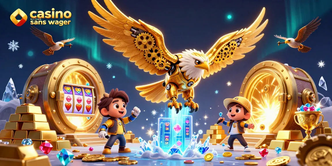 Un jeu de casino en ligne sans wager, illustré par un aigle cybernétique entouré de trésors lumineux.