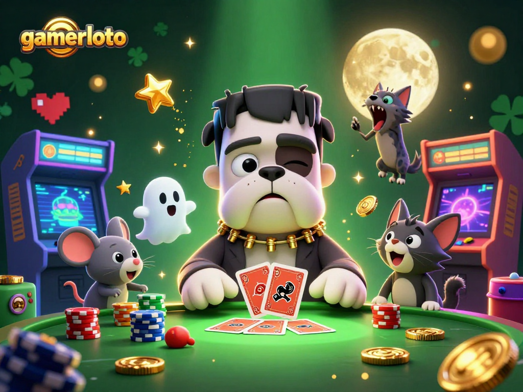 Experience gaming excitement with gamerloto as mystical characters deal cards at a spooky casino table.