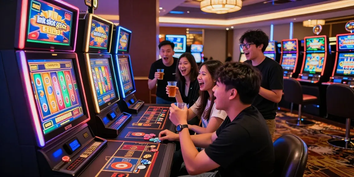 Exciting gambling scene with friends playing 'link slot gacor' at casino.