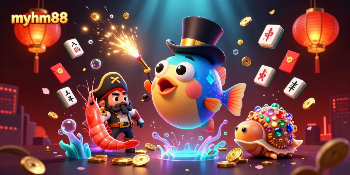Win golden coins with myhm88 in this vibrant 3D casino illustration featuring sea creatures and festive decorations.