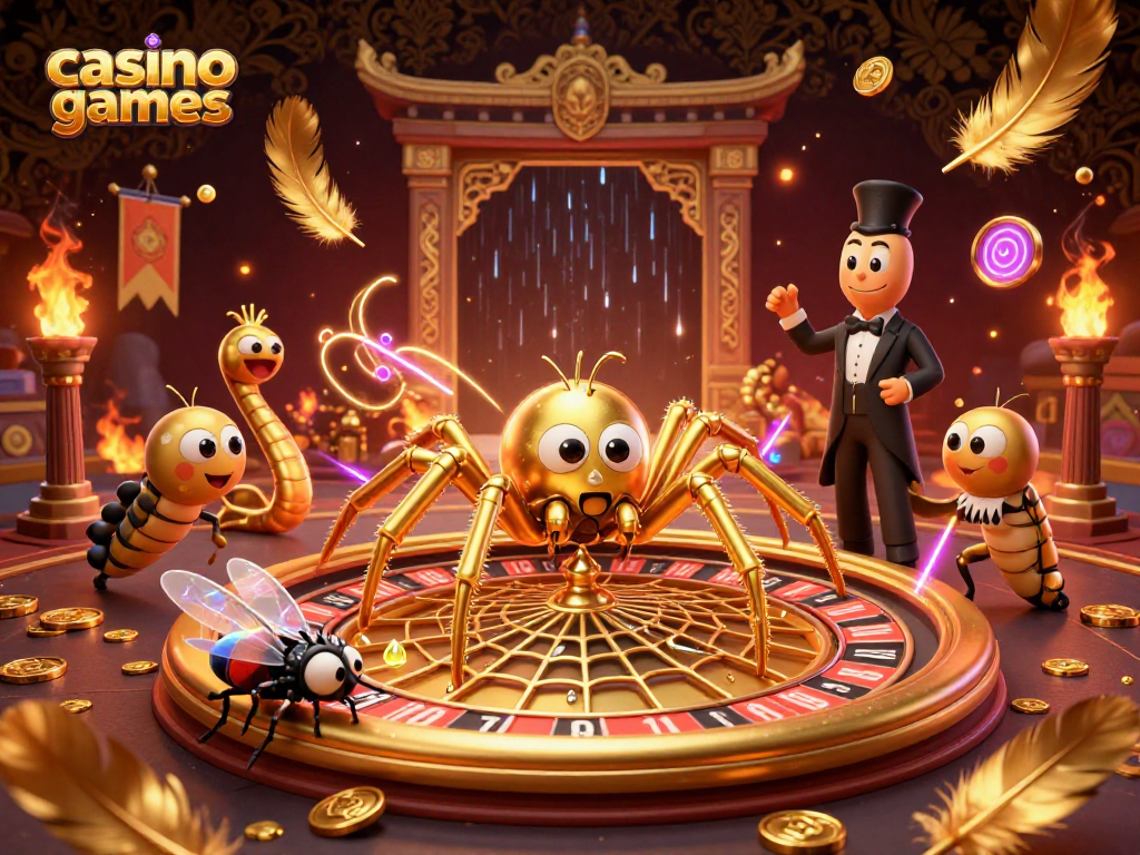 Engage with dynamic casino games as a golden spider spins a roulette wheel web, surrounded by vibrant action.