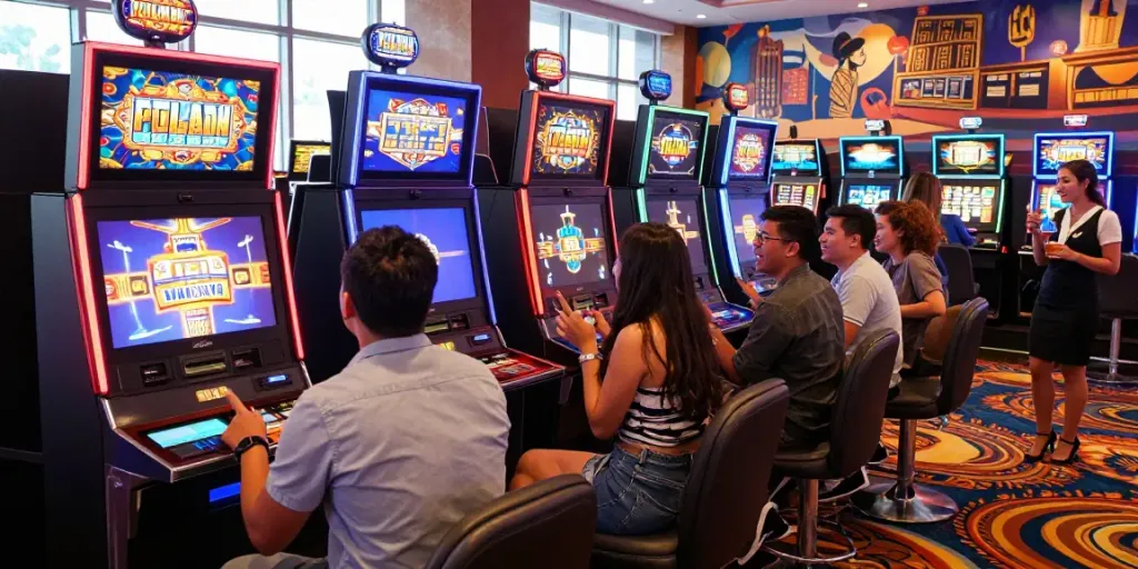 Friends enjoying an exciting judi slot online experience at a vibrant casino.