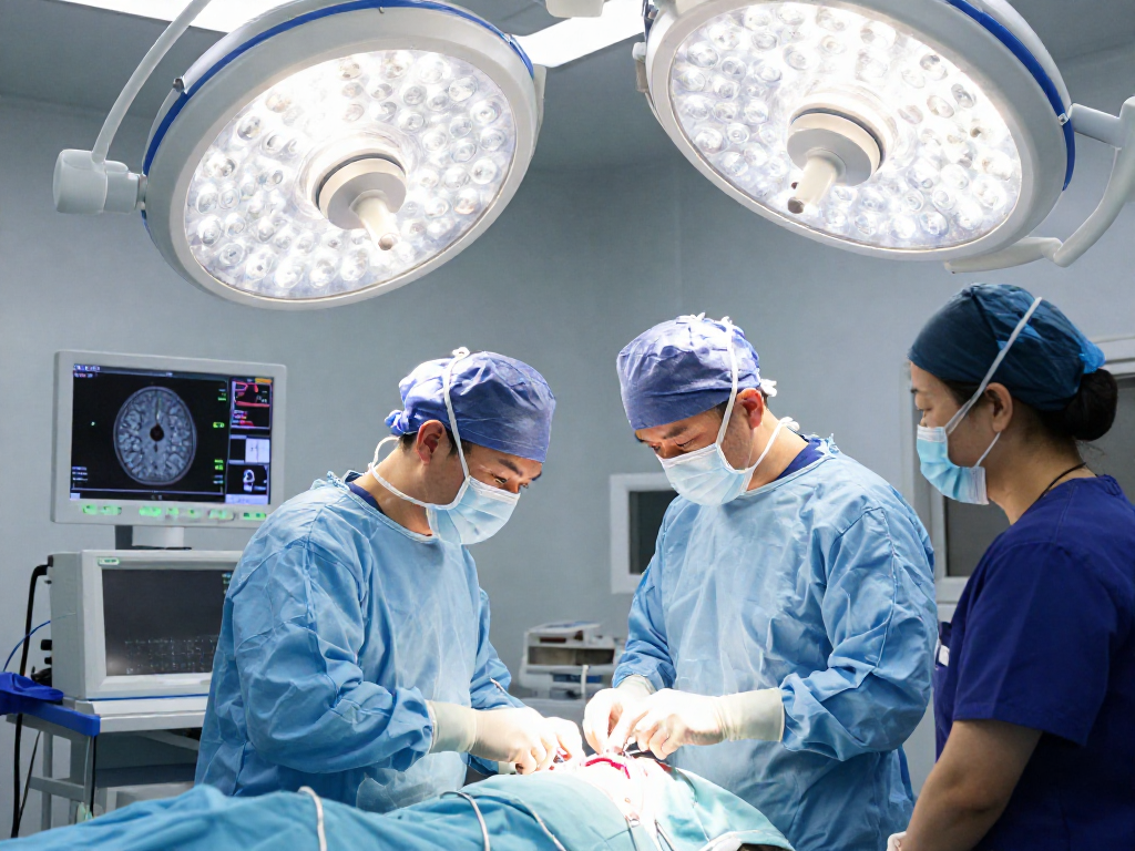 Expert neurosurgeon performing beyin tümörü ameliyatı in a sterile surgical environment with advanced technology.