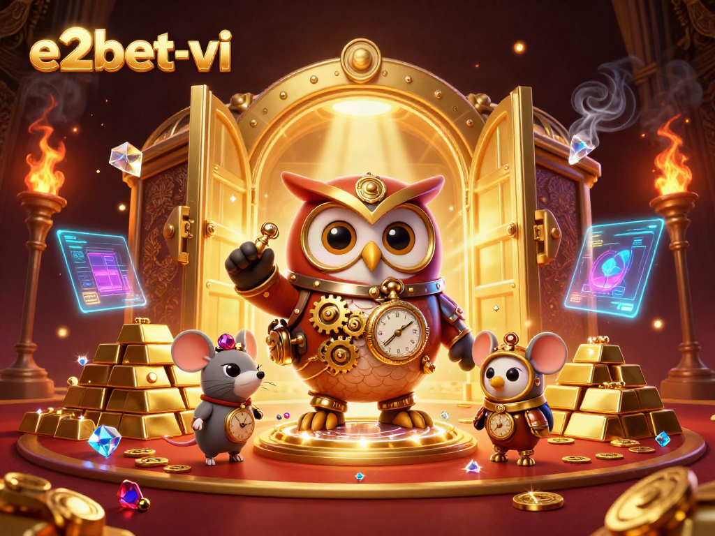 Win big with e2bet-vi in an enchanting 3D casino scene filled with gold treasures and vibrant characters.