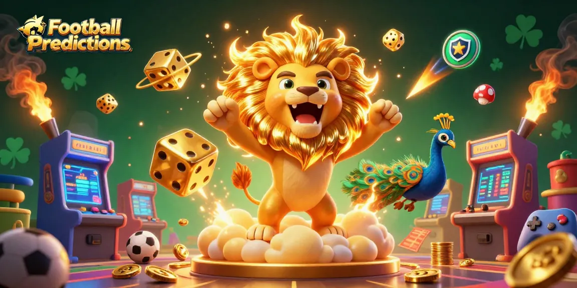 Football Predictions visual showcasing a cartoon sun lion, sports elements, and vibrant game machines.