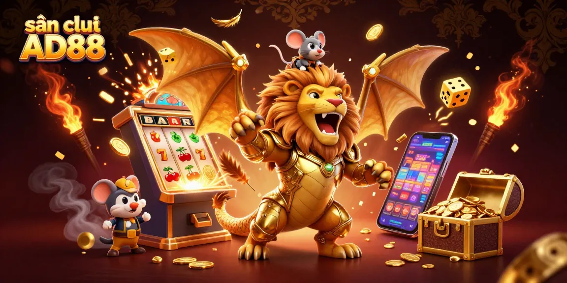 Engage with lively gaming action at sân chơi AD88, featuring a victorious chimera and vibrant slot machine elements.