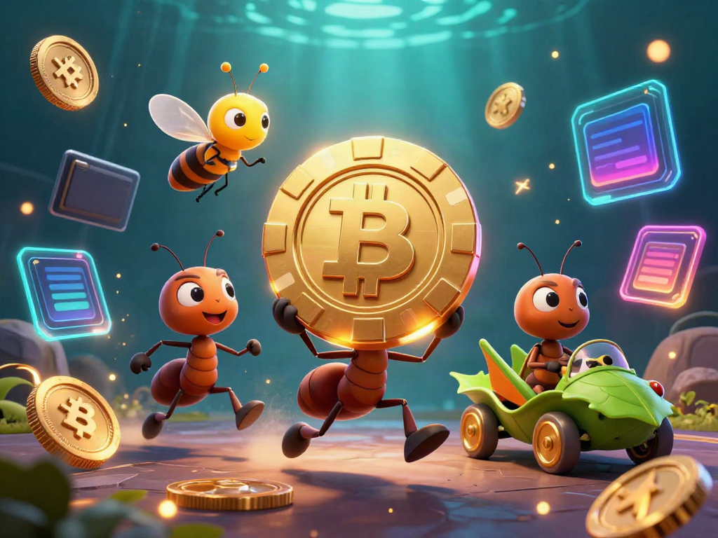 Engage in the xx8 adventure with ants heisting a giant poker chip amidst glowing crypto symbols.