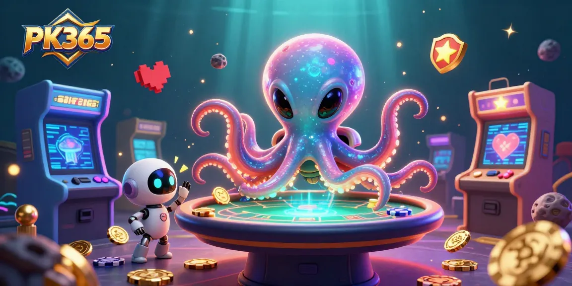 Join the fun with PK365 as the alien octopus plays holographic poker in a vibrant casino
