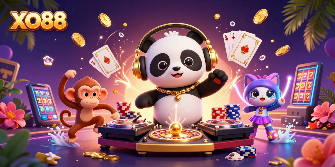 Join the fun at XO88 with a vibrant casino scene featuring a DJ panda and lively characters.