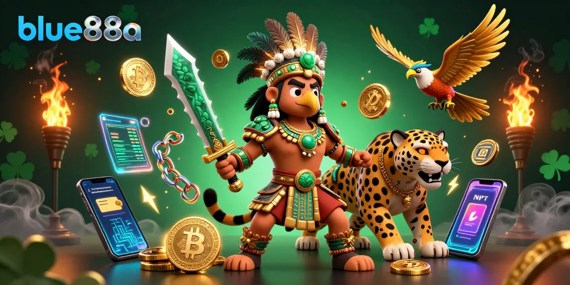 Engage with blue88a in this vibrant 3D casino scene, featuring iconic Aztec warriors and digital currency elements.