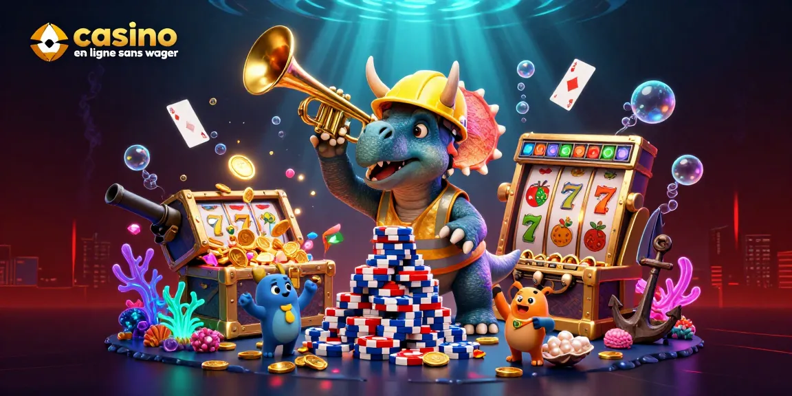Illustration 3D représentant un triceratops construisant un sommet de jetons de poker associé à un casino en ligne sans wager.