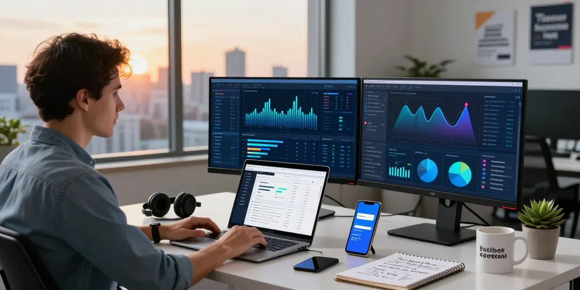 Dynamic tech workspace illustrating hostneverdie.com features with servers and analytics.