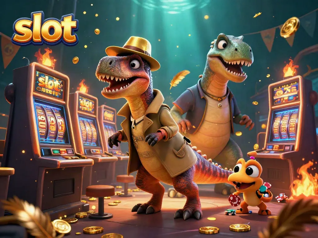 Slot menampilkan velociraptor di mesin slot, didampingi stegosaurus dan compy, yang curi-curi chip.