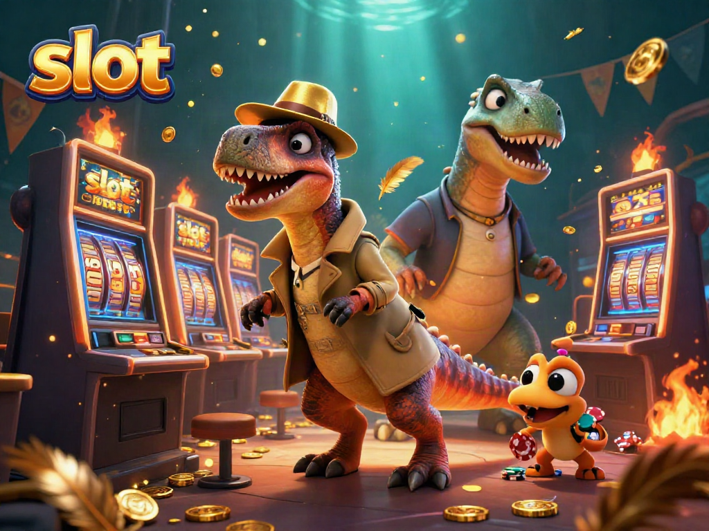 Slot menampilkan velociraptor di mesin slot, didampingi stegosaurus dan compy, yang curi-curi chip.