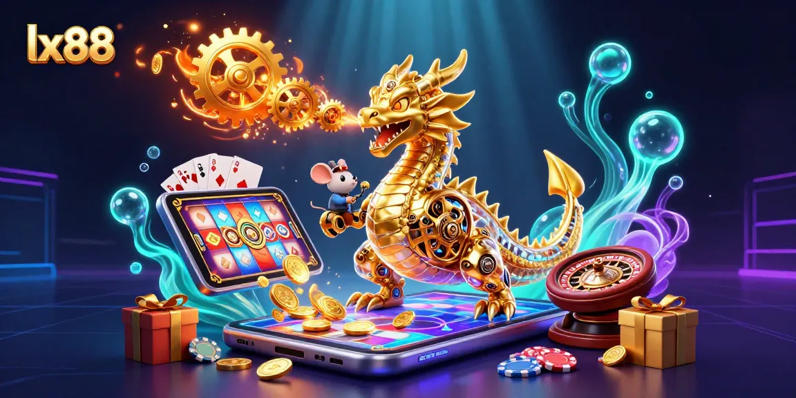 Experience thrilling gameplay with lx88 featuring a biomechanical dragon and casino elements in vibrant detail.