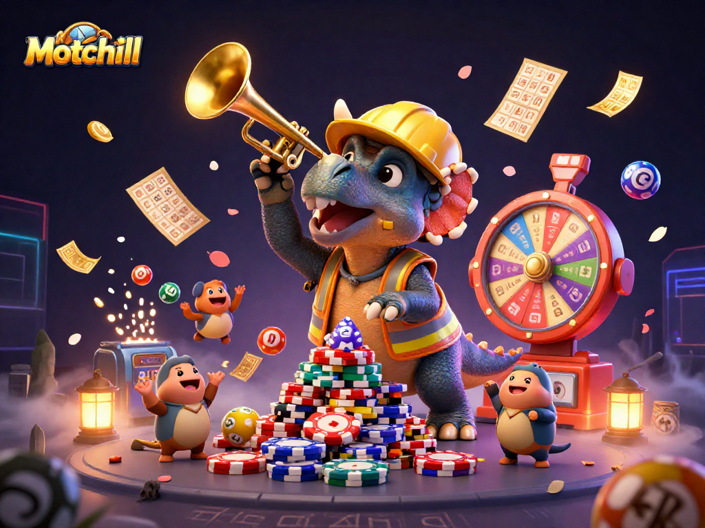 Motchill celebrates gaming wins with a vibrant 3D illustration showcasing casino elements.