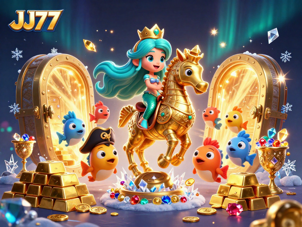 Experience the magic of JJ77 with a mermaid riding a seahorse in a dynamic casino treasure scene