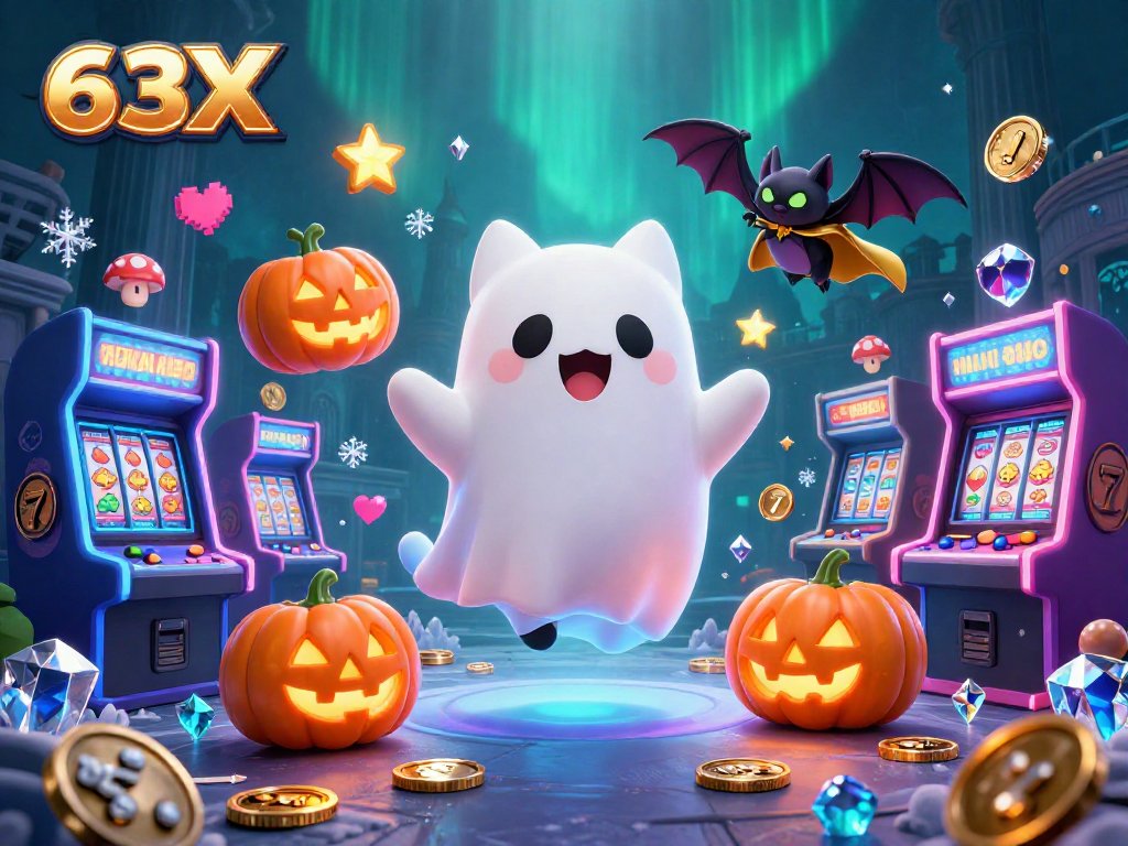 Explore o cassino assombrado com o gato fantasma 63X e máquinas caça-níqueis ao fundo.
