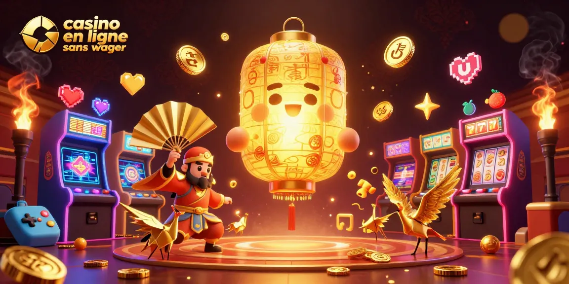 Illustration captivante avec des lanternes dorées représentant un casino en ligne sans wager, remplie de symboles de chance.