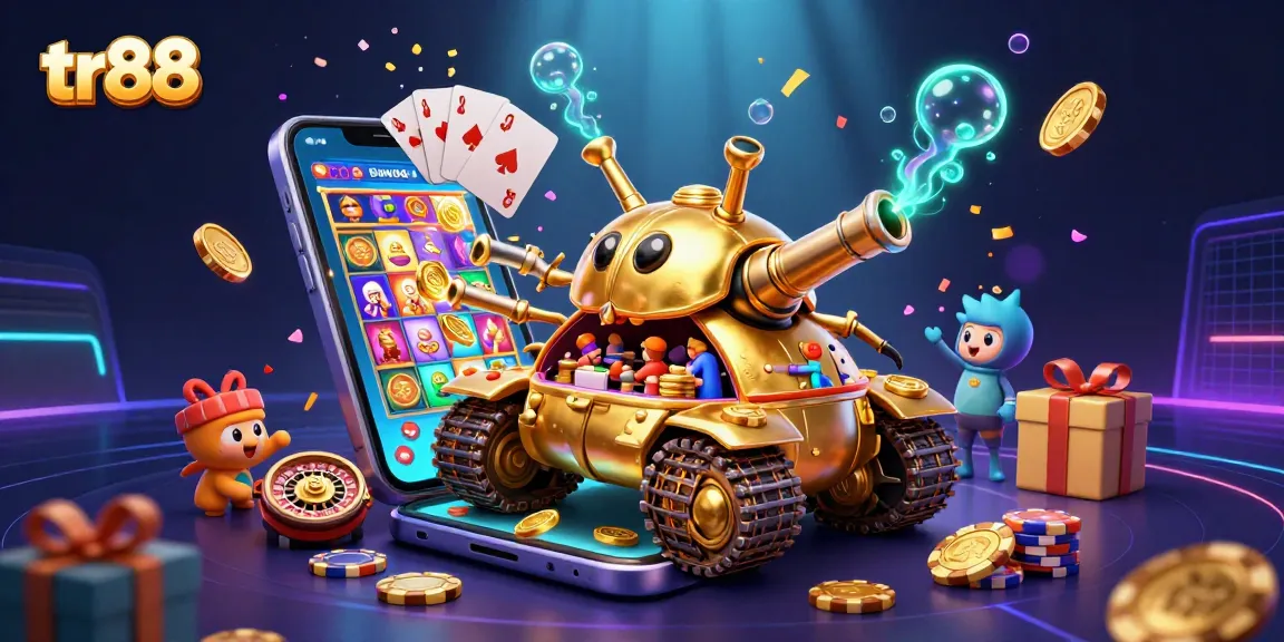 Experience the excitement of tr88's mini casino inside a golden beetle tank surrounded by dynamic gaming action.