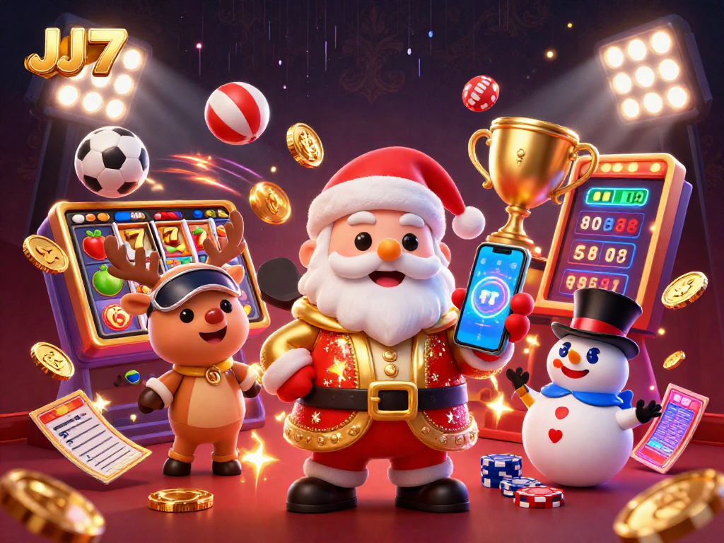Experience JJ77 gaming with Santa, reindeer, and a snowman in a vibrant casino scene.