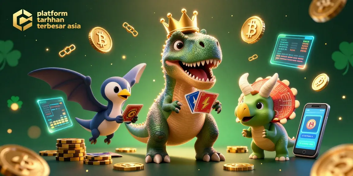 Experience the platform taruhan terbesar asia with T-Rex card shuffling and dinosaur gambling action in a dynamic casino illustration.
