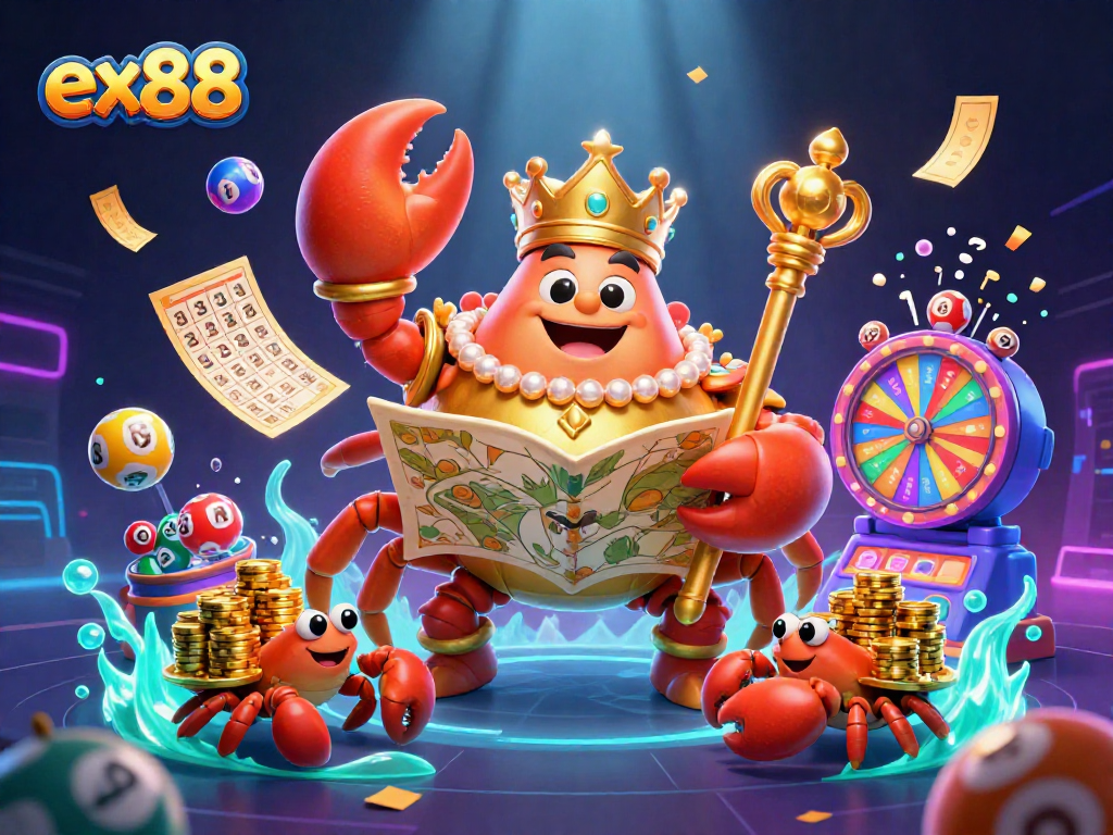Experience thrilling plays at ex88 with vibrant lottery balls and a regal crab emperor in 3D style.