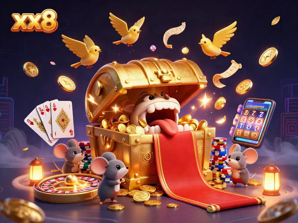 Spin the reels at xx8 with a treasure chest, golden coins, and casino elements