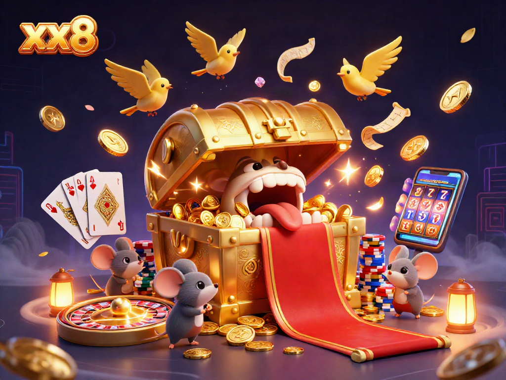 Spin the reels at xx8 with a treasure chest, golden coins, and casino elements