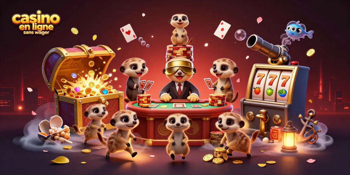 Promotion d'un casino en ligne sans wager avec une illustration colorée de suricates animés.