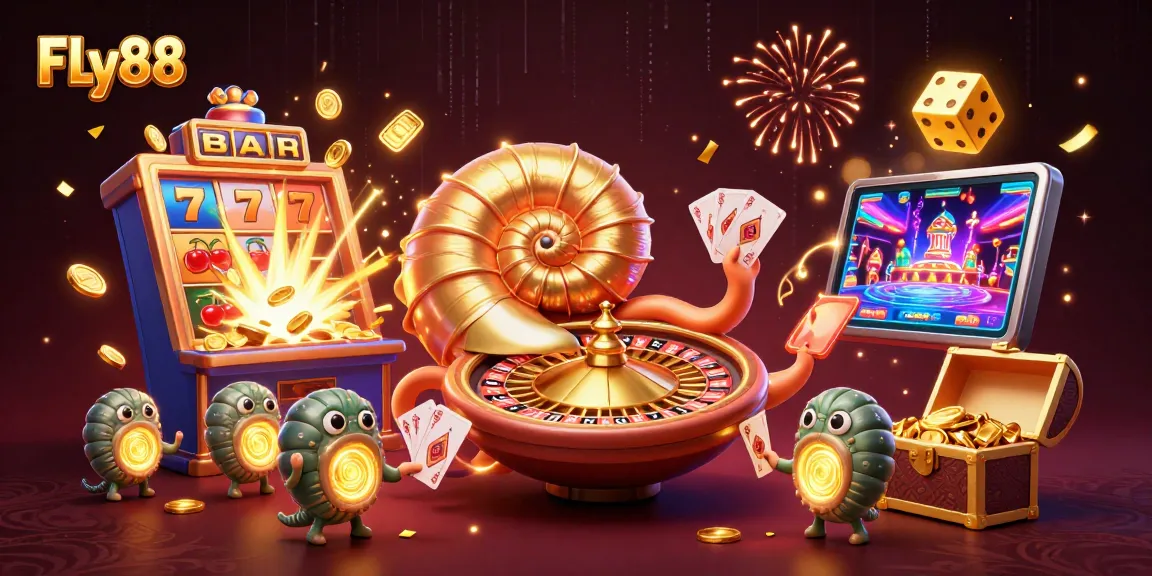 Engage in thrilling casino action at FLY88 with a vibrant 3D illustration of gaming excitement and rewards.