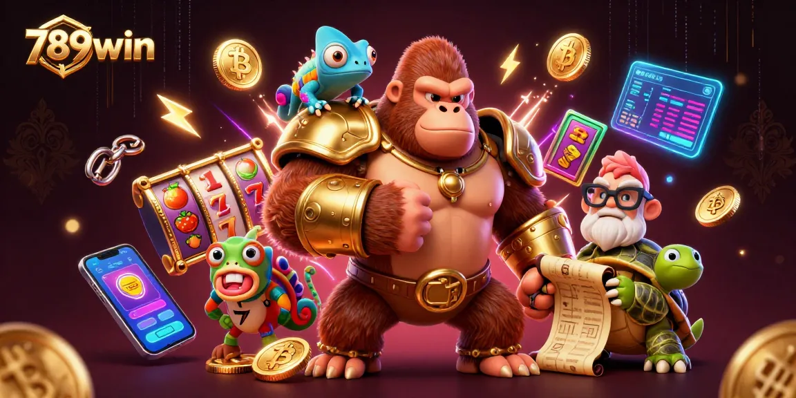 Win big at 789win with a vibrant scene of a gorilla king and colorful elements illustrating the excitement of casino games.
