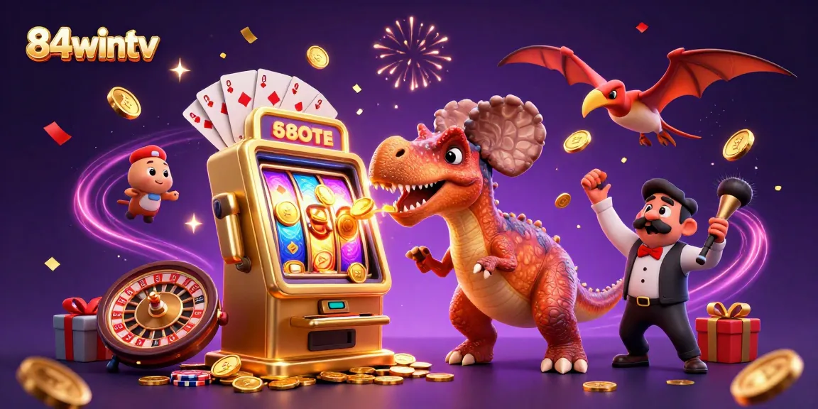 Engage with 84wintv as a 3D dinosaur heads for jackpots, creating a vivid casino scene.