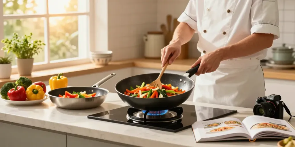 CookWare Price in Bangladesh showcased with a vibrant kitchen setting including non-stick cookware and fresh ingredients.