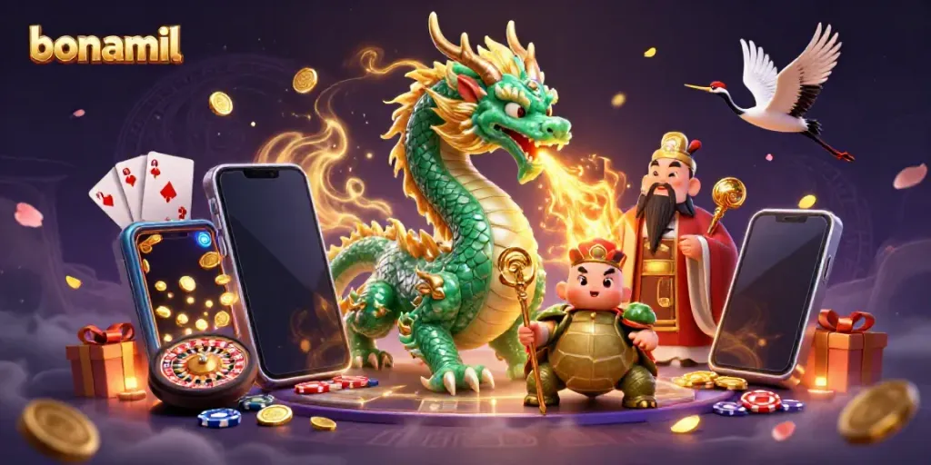 Permainan slot animasi interaktif bonamil menampilkan pesawat terbang kran beruntung dan naga hijau