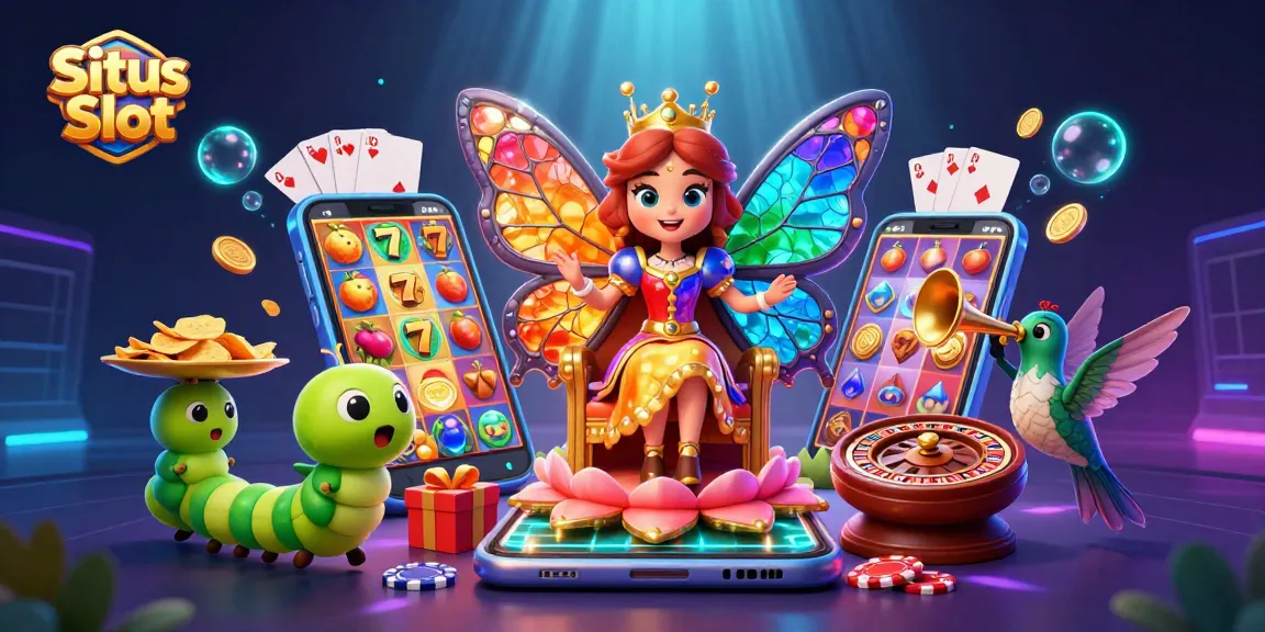 Engage with Situs Slot through vibrant 3D fantasy illustration showcasing a colorful gaming experience.