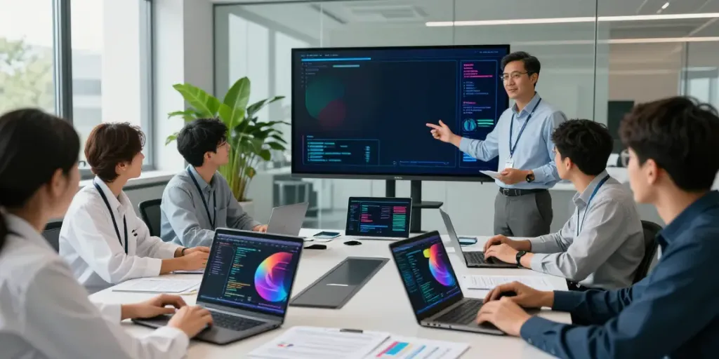 Enterprise AI team collaborating on innovative solutions in a modern lab.